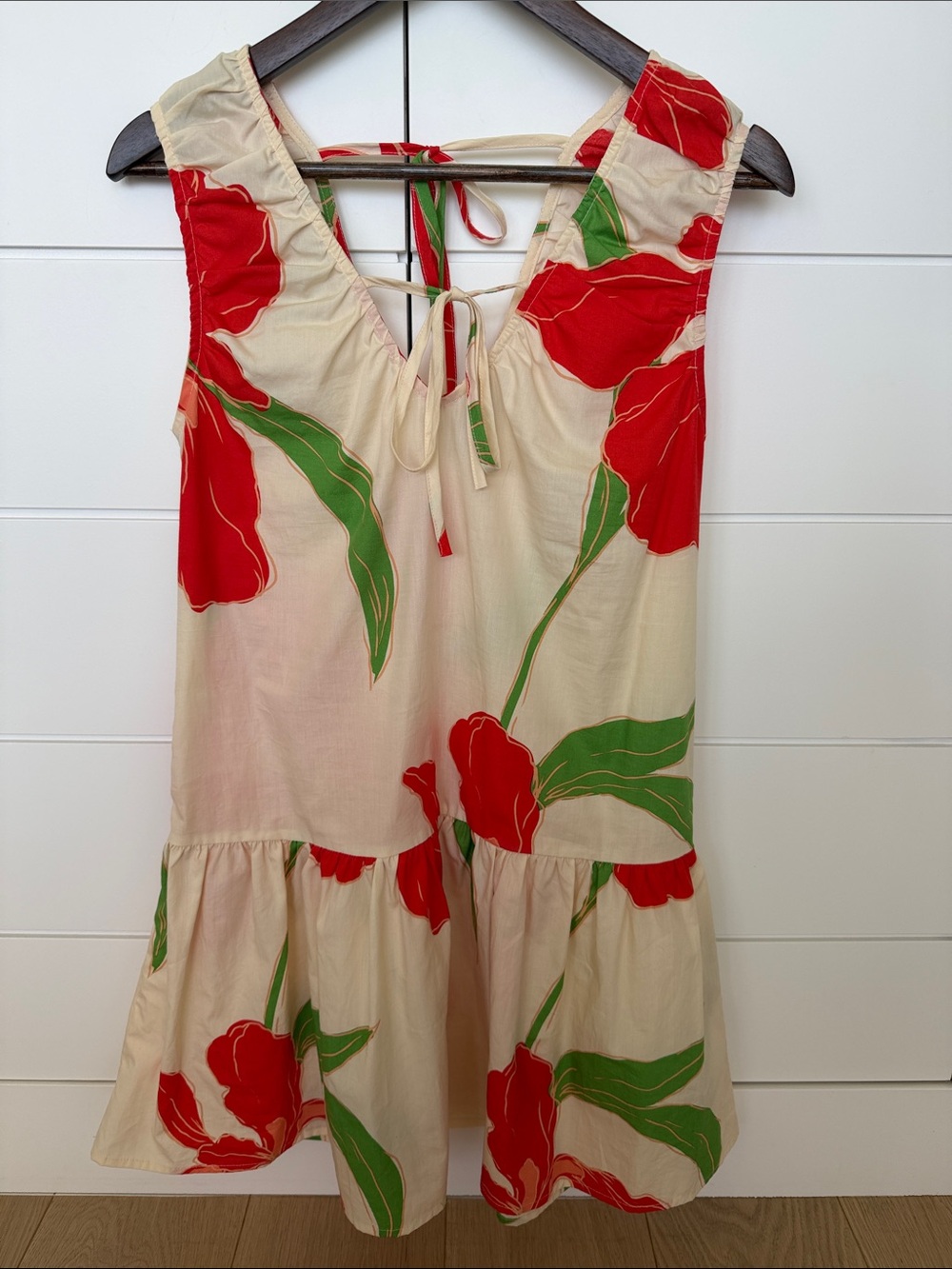 Etiquette Clothiers Cream Mini Dress with Red Floral Print and Green Leaves